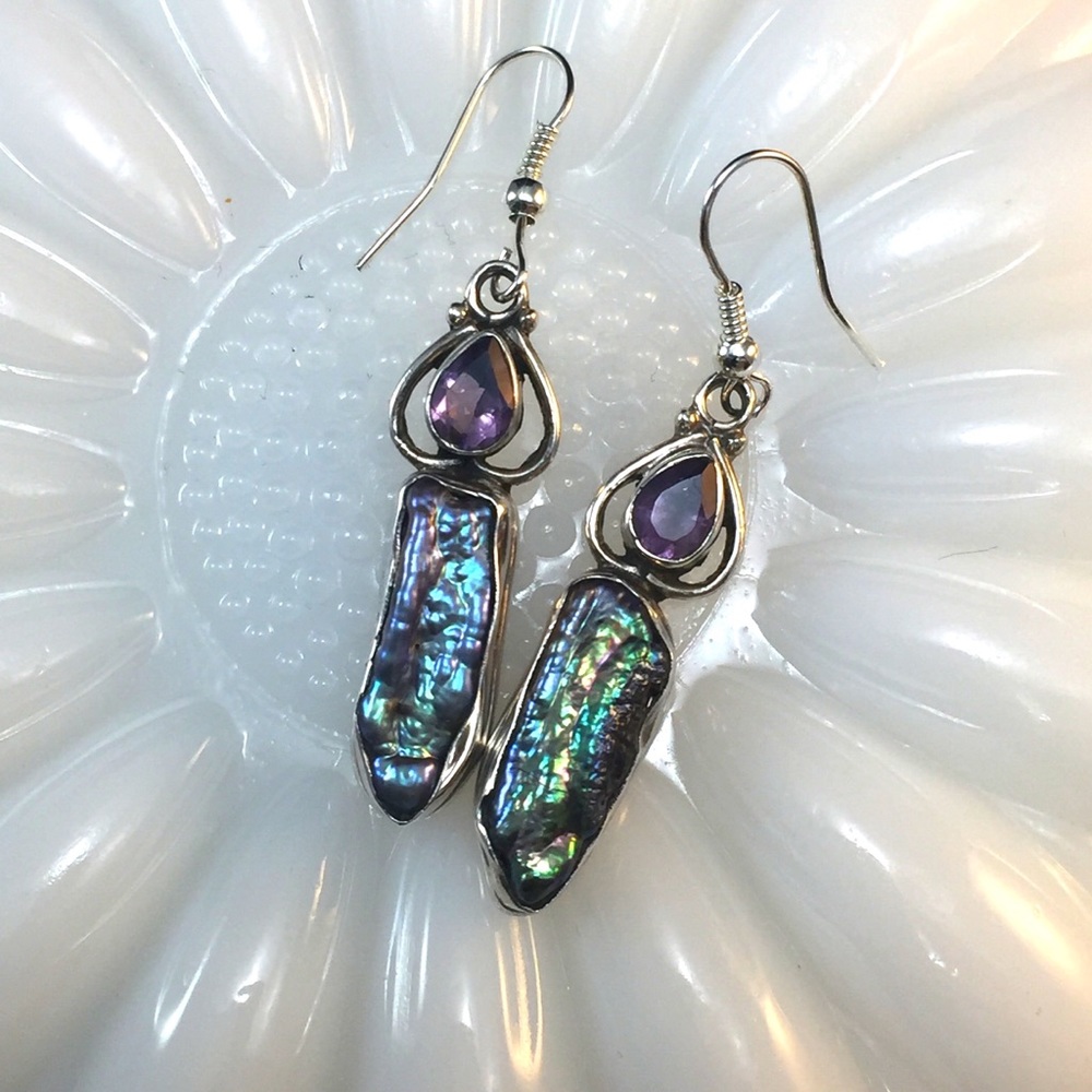 Amethyst and biwa pearl earring, sterling silver